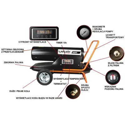 Przewoźna nagrzewnica olejowa XARAM Energy XDFT-100 Exclusive moc: 100kW: wyświetlacz cyfrowy, timer, manometr, regulacja pompy, filtr paliwa