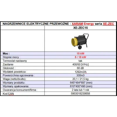 Przewoźna nagrzewnica elektryczna, dmuchawa powietrza elektryczna 400V/50Hz XARAM Energy XE-ZEC15 400V/50Hz, moc: 15kW