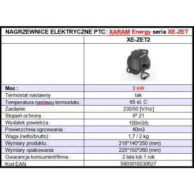 Energooszczędna nagrzewnica elektryczna typu PTC, farelka, dmuchawa powietrza XARAM Energy XE-ZET2, moc: 2kW